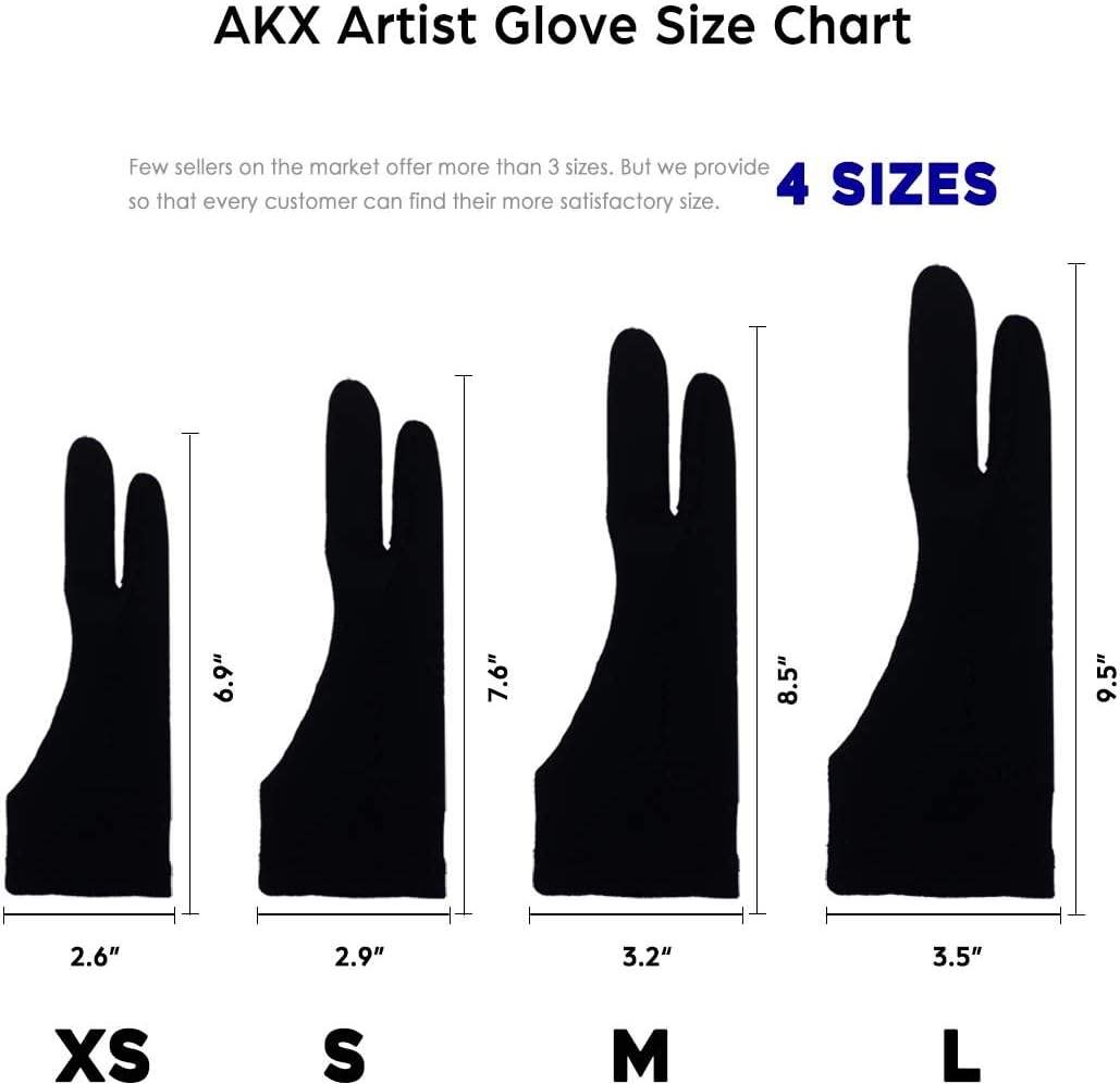 AKX Artist Glove, Palm Rejection Drawing Glove for Graphic Tablet, iPad - Smudge Guard, 2-Finger, Good for Left and Right Hand (Black, Small, 2 Pack)