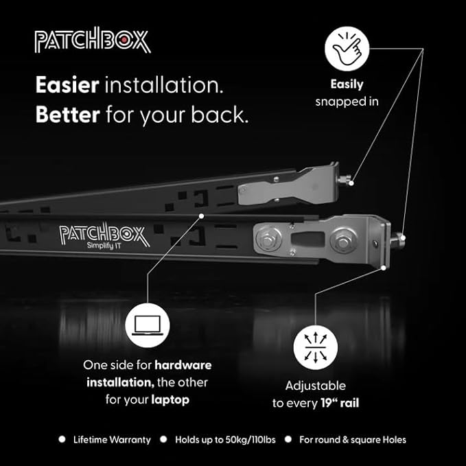 PATCHBOX Setup.exe 3 Installation Tool - Easy Mount for Patch Panels Servers Fits 19” Rails, Square and Threaded Holes - Computer Cabinet and Network Racks - Laptop, Device Workshelf, Holds 110 lbs