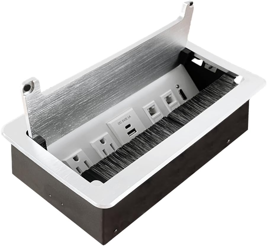 ZESHAN Conference Table Power hub Conference Table connectivity Box with 45 Degree Angle Convenient Plug-in Socket, Power Fully Enclosed Bottom Box Power Socket, USB, Type C, HDMI, RJ45, Silver