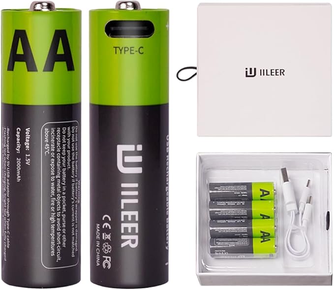 2000mAh USB-C Rechargeable AA Batteries, 1200 Cycles Life, Fast Charging with Type-C Cable, for Gaming Controllers, Mouse, Keyboard & Home Electronics, Black Green (8)