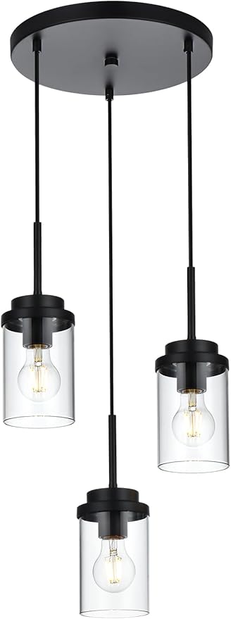 MELUCEE 3-Light Farmhouse Black Pendant Lights Kitchen Island, Modern Light Fixtures Ceiling Hanging with Clear Glass Shade Cluster Pendant Lighting for Dining Room Kitchen Hallway Stair