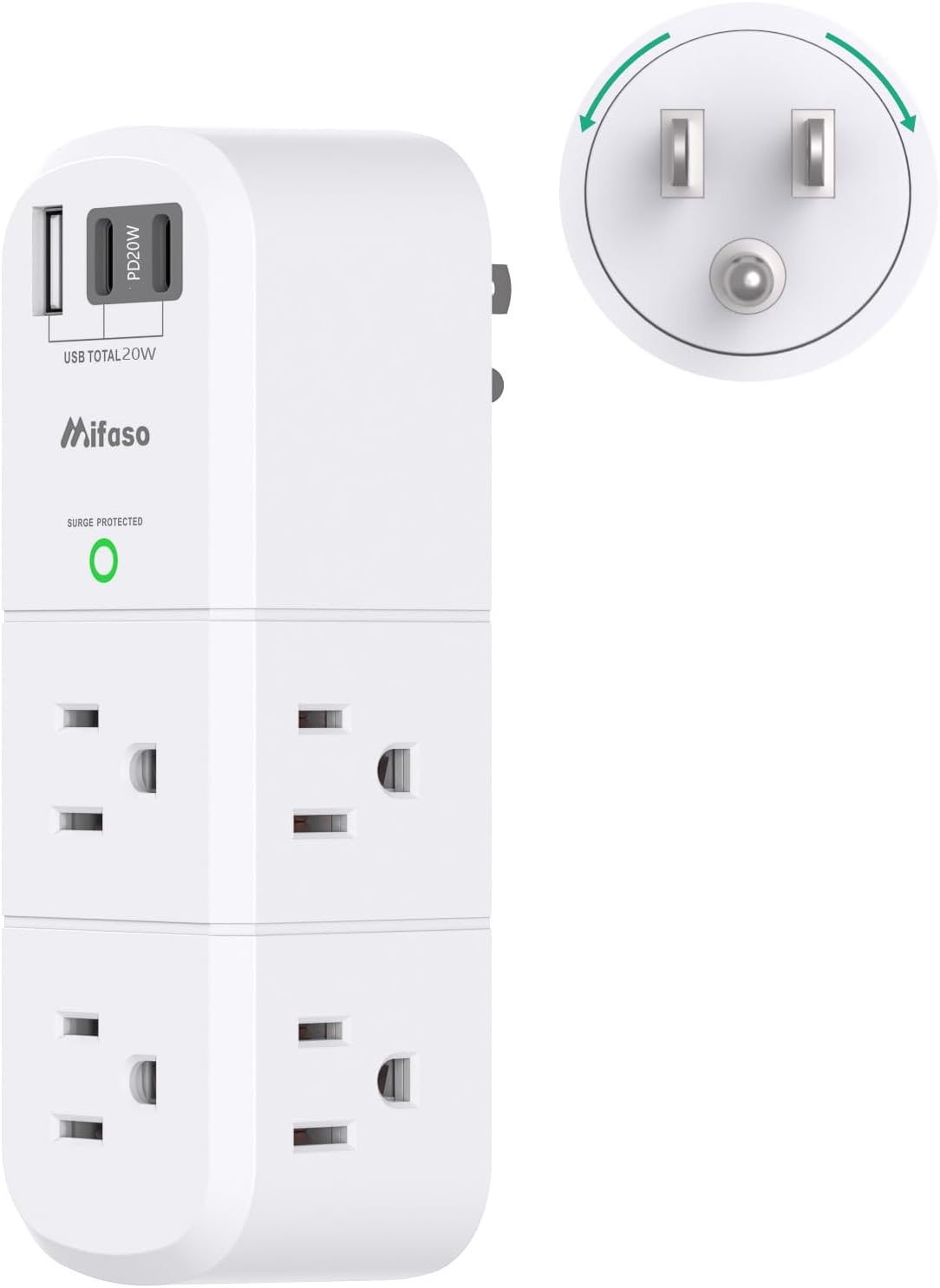PD20W USB Outlet Extender Surge Protector - with Rotating Plug, 6 AC Multi Plug and 3 USB Ports (2 C), 3-Sided Swivel Power Strip Spaced Splitter for Home, Office, Travel