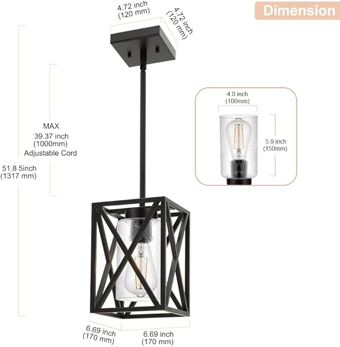 Farmhouse Pendant Light Fixture, 1-Light Industrial Dining Room Chandelier Hanging Ceiling Lighting with Seeded Glass, Black Rustic Kitchen Island Lights for Foyer Living Room