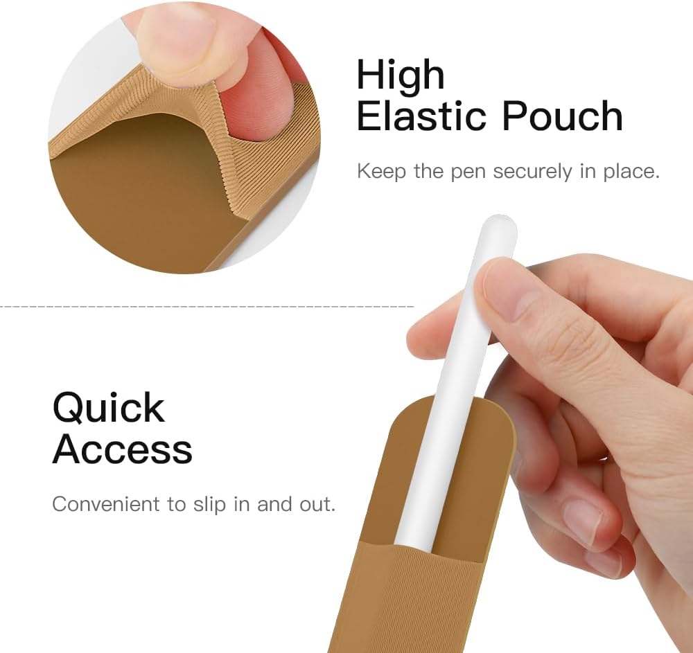MoKo Pencil Holder Sticker Fit Apple Pencil Pro, Apple Pencil (USB-C), Apple Pencil 1st/2nd Generation, Elastic Pencil Pocket Pouch Adhesive Sleeve Attached to iPad Case for Stylus Pens, Mocha Mousse
