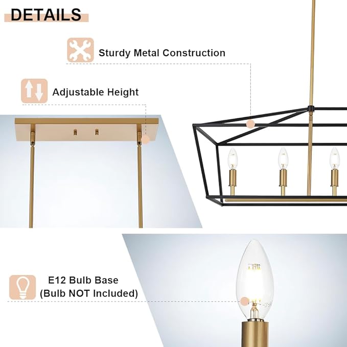 6-Lights Farmhouse Dining Room Chandelier, Rectangle Candle Pendant Lighting in Black Gold Finish, Kitchen Island Lighting for Living Room Restaurant