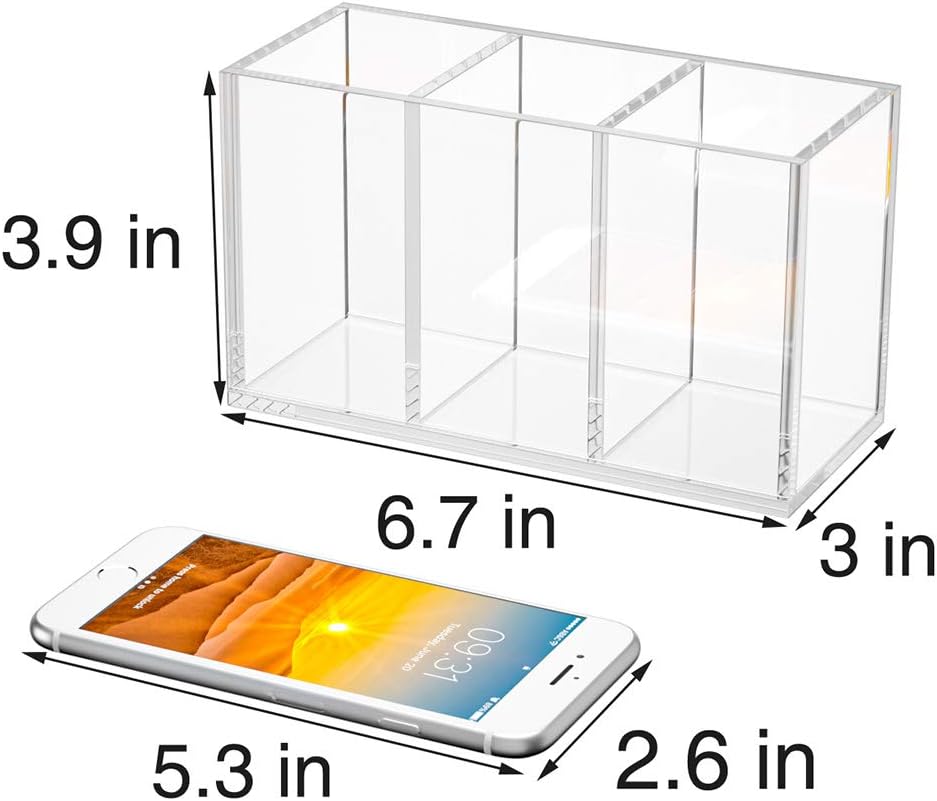 NIUBEE Acrylic Pen Holder 3 Compartments, Clear Pencil Organizer Cup for Countertop Desk Accessory Storage