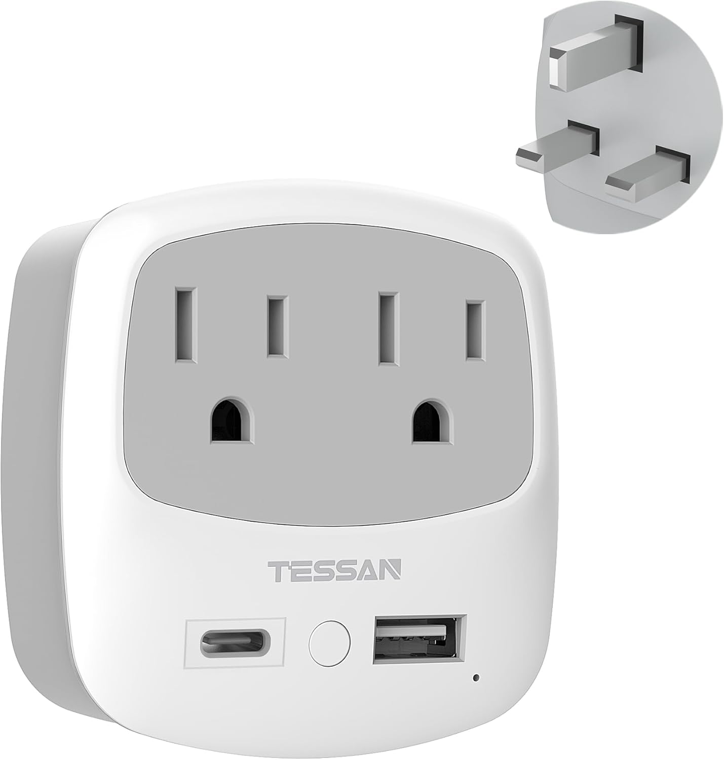US to UK Plug Adapter, TESSAN Type G Travel Adaptor with 2 Electrical Outlets 2 USB Ports (1 USB C), Ireland Power Adapter for USA to England London Scotland British Dubai Kenya Hong Kong Qatar