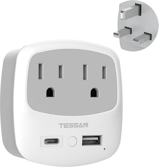 US to UK Plug Adapter, TESSAN Type G Travel Adaptor with 2 Electrical Outlets 2 USB Ports (1 USB C), Ireland Power Adapter for USA to England London Scotland British Dubai Kenya Hong Kong Qatar