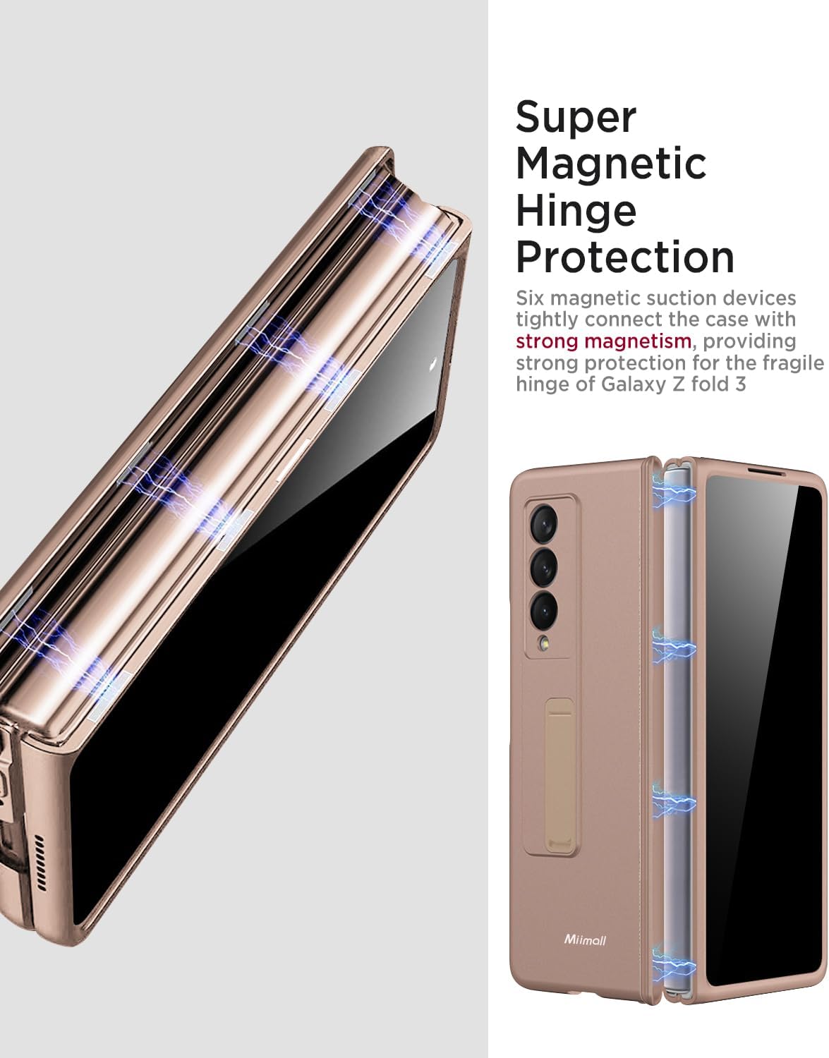 Miimall for Samsung Fold 3 Case with Privacy Screen Protector, Built-in Adjustable Kickstand & Magnetic Hinge & Camera Lens Protective All-Inclusive Phone Case for Galaxy Z Fold3 5G Champagne Gold