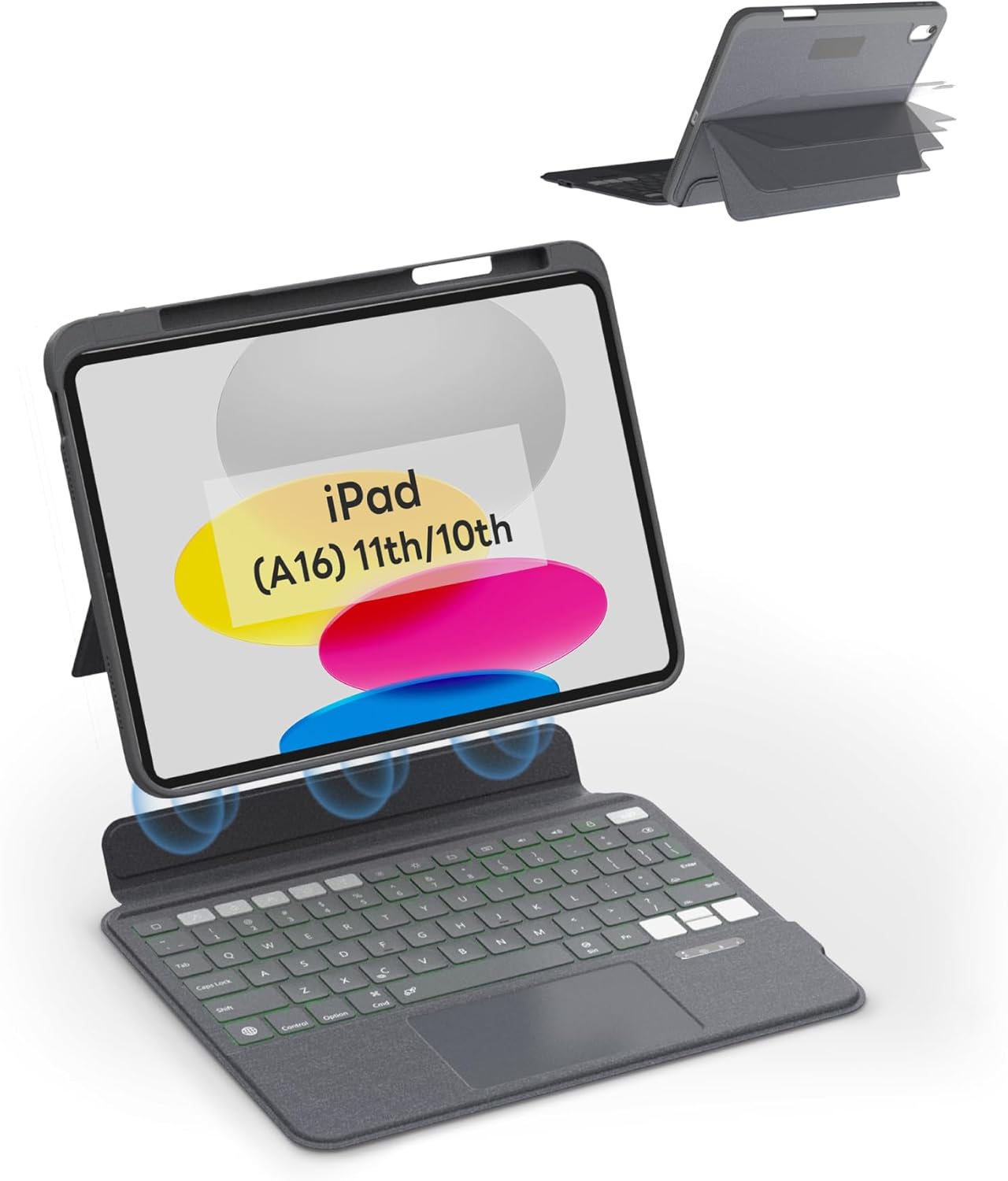 EIP Magnetix Keyboard Case for iPad (A16) 11th/10th Generation (2025/2022), with Patented Stylus Shortcuts, Protective, Adjustable Hinge Stand, Detachable Case, 7 Color Backlight