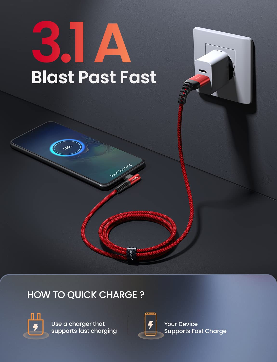 USB C Cable [2 Pack 1.6FT] Fast Charger Type C 3.1A Right Angle Nylon Braided USB Type C Cable Compatible with Galaxy Note 10 9 A51, S22 S21 S10 LG G8 G7 Charging Cord
