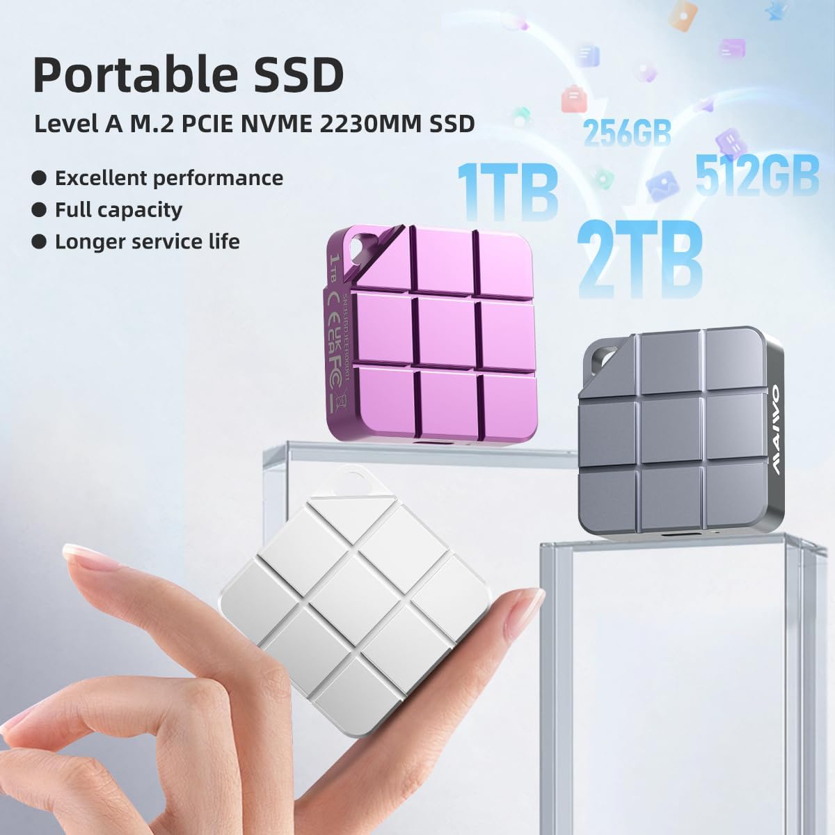 MAIWO 256GB Portable SSD External Solid State Drive, USB 3.2 GEN 2 Type-C Up to 1050MB/s, Mini PSSD for iPhone 15 Pro Max MacBook Pro PS5, Aluminum (Silver)