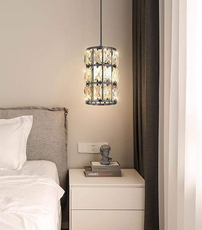 1-Lights Modern Crystal Pendant Lights for Kitchen Island LED Dimmable Glam Pendant Lighting Chandelier for Dining Room Hallway Corner Lamp Black