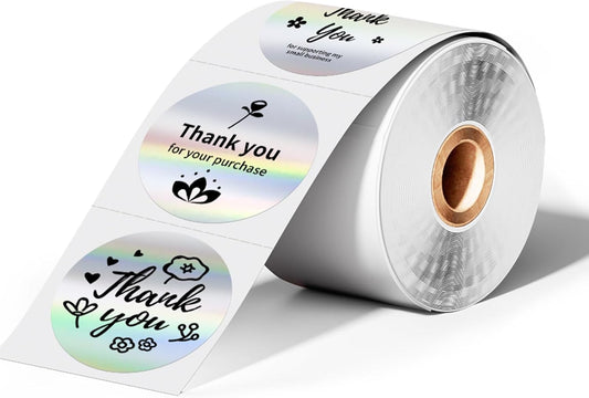 2'' Circle Thermal Labels, Holographic Sliver 400pcs Round Thermal Printer Labels, Multi-Purpose Stickers for Logo Design, Name/Price Tag, Address, QR Code