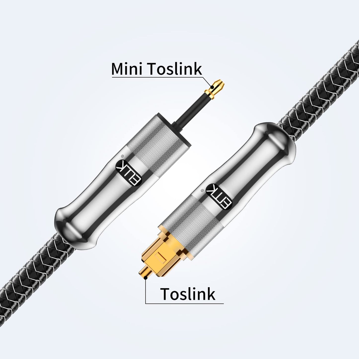 EMK 24K Gold-Plated Toslink to Mini Toslink Cable (25ft/8M) - Digital Optical Audio Cable with 3.5mm Mini Plug for Soundbar, Home Theater, TV - Silver SPDIF Fiber Optic Cord