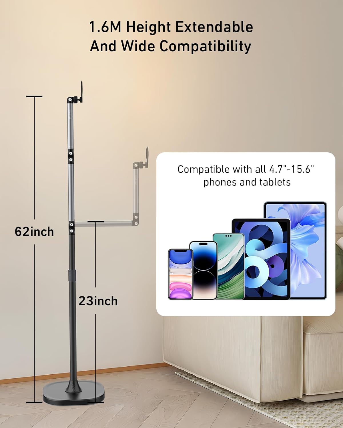 TELESIN° Magnetic Phone Tablet Floor Stand, Aluminum Alloy Phone Holder Stand for Video Recording, Overhead Bed/Sofa Phone Mount Height Adjustable Ultra Stable Base for Magsafe/iPhone/Android/iPad