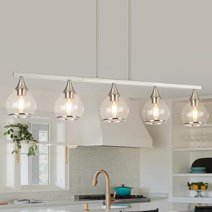 Island Light for Kitchen, 5-Light Brushed Nickel Kitchen Island Linear Hanging Pendant Chandeliers, Brushed Nickel Dining Room Light Fixture Over Table with Clear Round Glass Shades