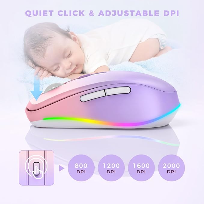 PEIOUS Wireless Mouse Jiggler - LED Wireless Mice with Build-in Mouse Mover, Rechargeable Moving Mouse for Laptop with Undetectable Random Movement Keeps Computers Awake - Purple to Pink