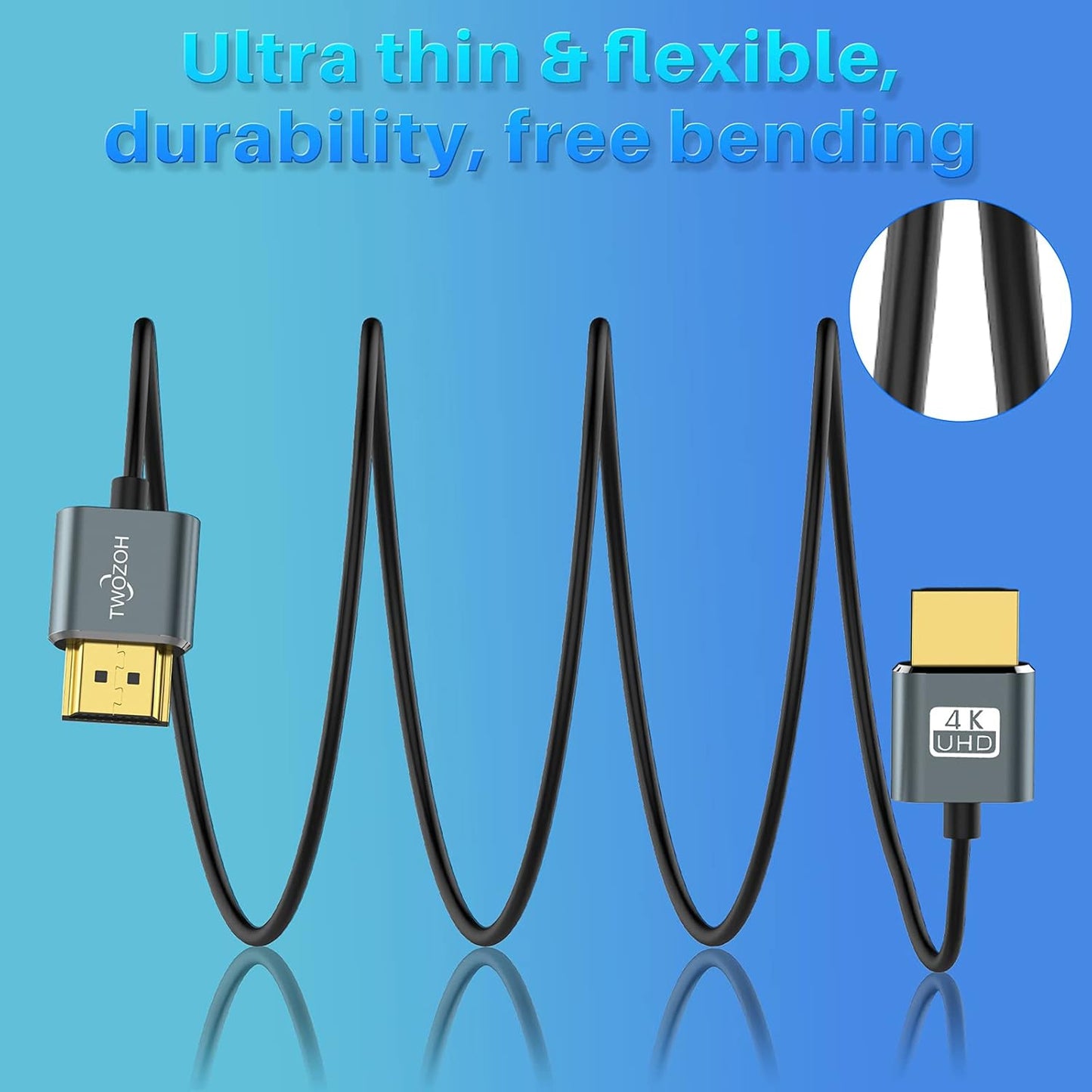 Twozoh Flexible & Slim Long HDMI Cable 30FT 2 Pack, Ultra Thin HDMI Cord Supports High Speed 4K@60Hz 18gbps 2160P/1080P