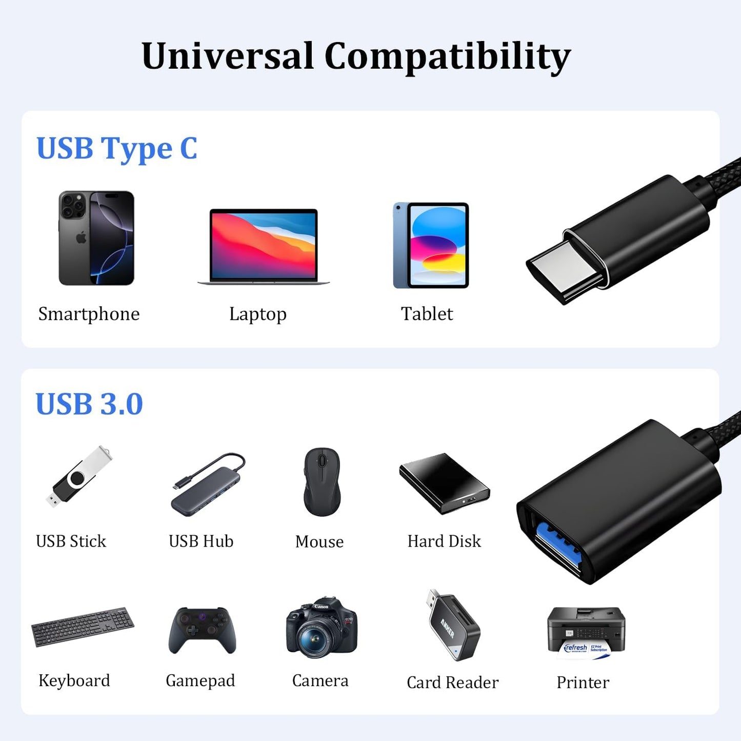 USB C to USB 3.0 Adapter, Type C Male to USB Female OTG Cable Thunderbolt 3 to USB Adapter for iPhone 16/15 Pro Max, MacBook Pro/Air, Samsung Galaxy S25/S24/S23, Google Pixel