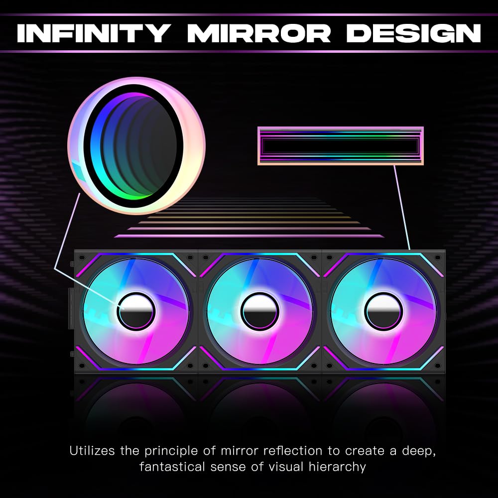 Jungle Leopard Interstellar V2 120mm PC Reverse Blade Case Fan Infinity Mirror Module Daisy-Chain ARGB Fan Triple Pack with Controller Suitable for Computer Case & 360mm AIO Cooler(Black-3pack)