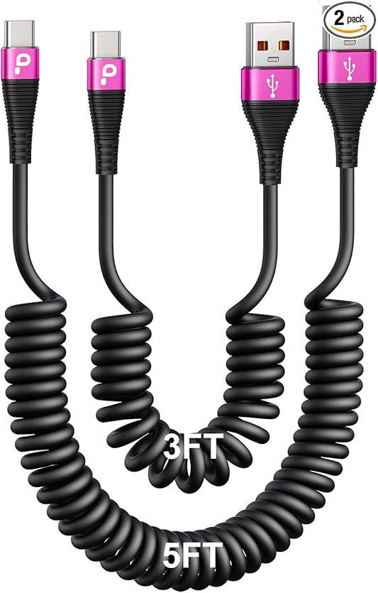 Coiled USB A to USB C Cable for Car, 3FT/5FT USB C Cable Fast Charging, USB Type C Charging Cord Compatible with iPhone 17/16/15 Pro Max/Samsung Galaxy S20 S10 and More USB C Devices-Rose Red