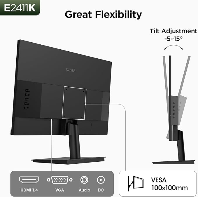 KOORUI 24 Inch 144Hz IPS Computer Monitor Full HD 1920 x 1080p Ultra-Slim Display with HDMI VGA, Adaptive Sync, 99% SRGB, VESA 100x100mm, Eye Care, Tilt, Black, E2411K