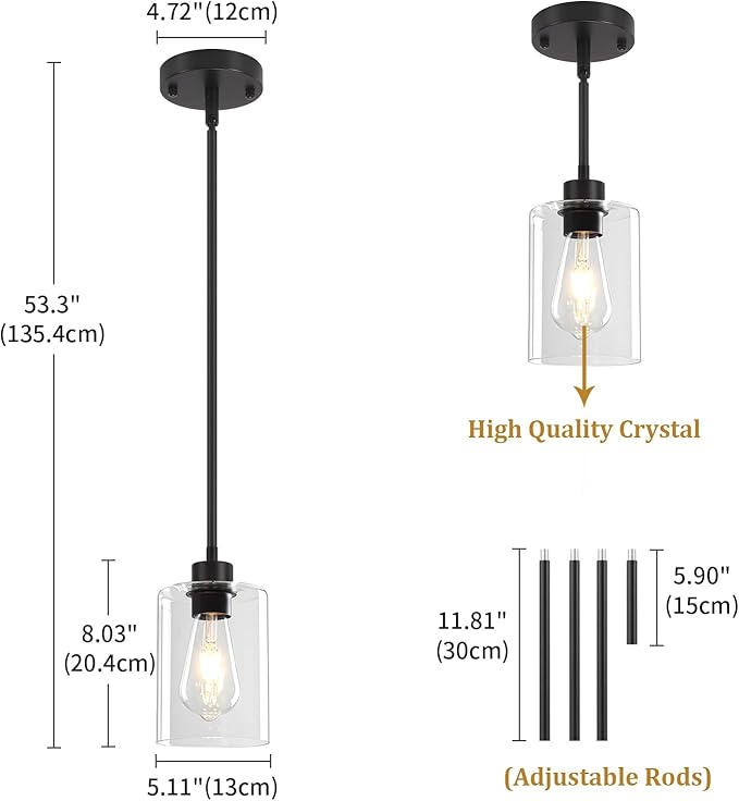 Glass Pendant Lights Kitchen Island 2 Pack, Modern Pendant Lighting Over Island Black Farmhouse Kitchen Hanging Light Fixtures Adjustable Mini Chandeliers for Hallway Entryway Bedroom Dining Room