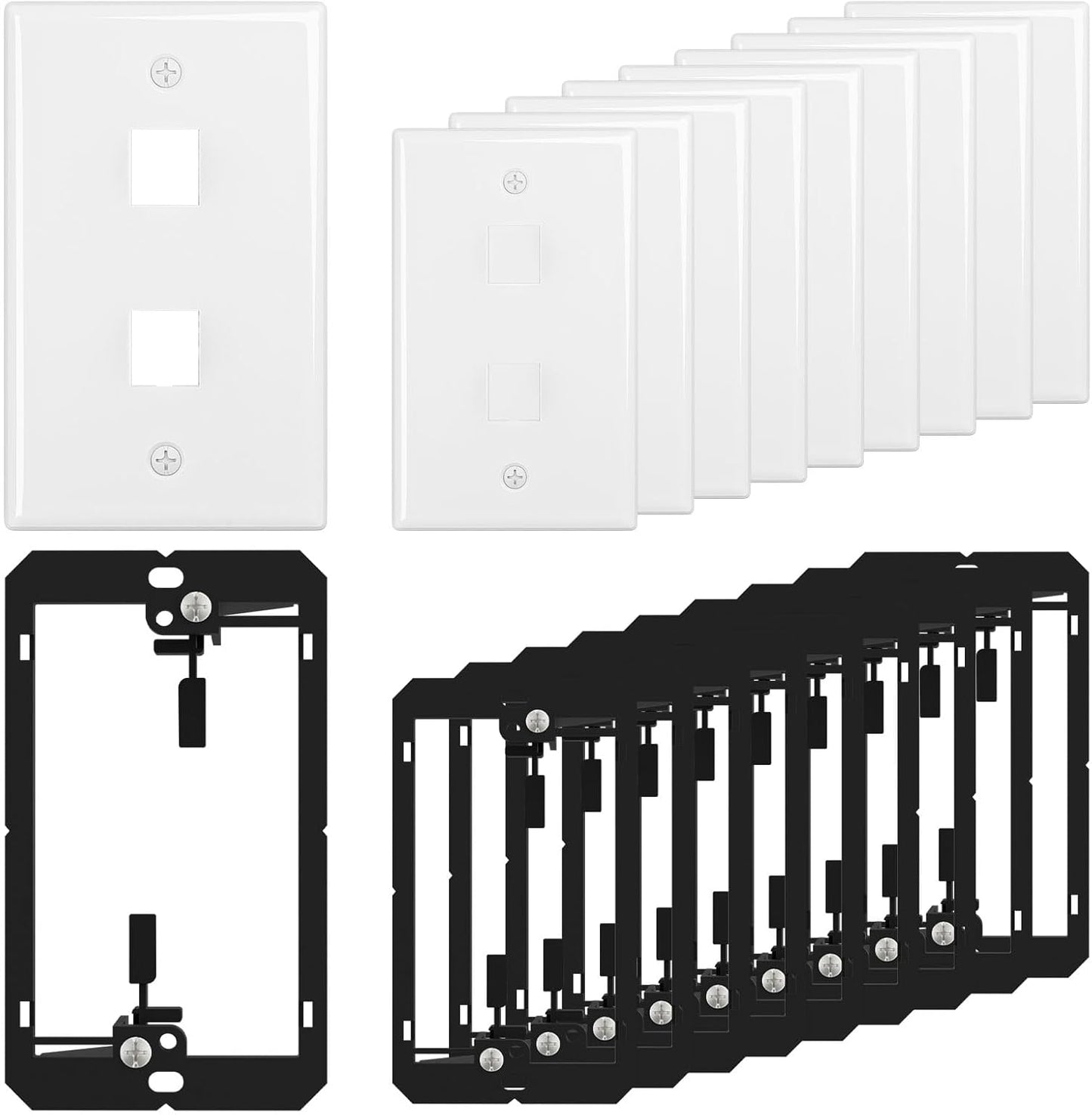 FGB 2-Port Keystone Wall Plate, with Low Voltage Mounting Bracket, with Single Gang Decorator Wall for RJ45, HDMI, and Coax Keystone Inserts, White, 10-Pack