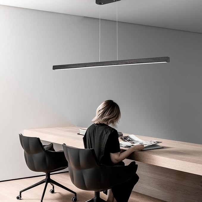 71" Black Linear Pendant Light Wooden Led Linear Pendant Light Fixtures Ceiling Hanging Dimmable Pendant Lights for Dining Room Kitchen Island Pool Table Lights Black Wood Finish