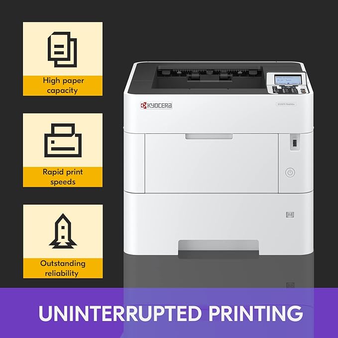 KYOCERA ECOSYS PA6000x Monochrome Laser Printer, 62 ppm, 600 x 600 dpi and Up to Fine 1200 dpi, 600 Sheet Tray, 100 Sheet MPT, Duplex, 5 Line LCD w/Hard Key Panel, Gigabit Ethernet, USB, 512 MB