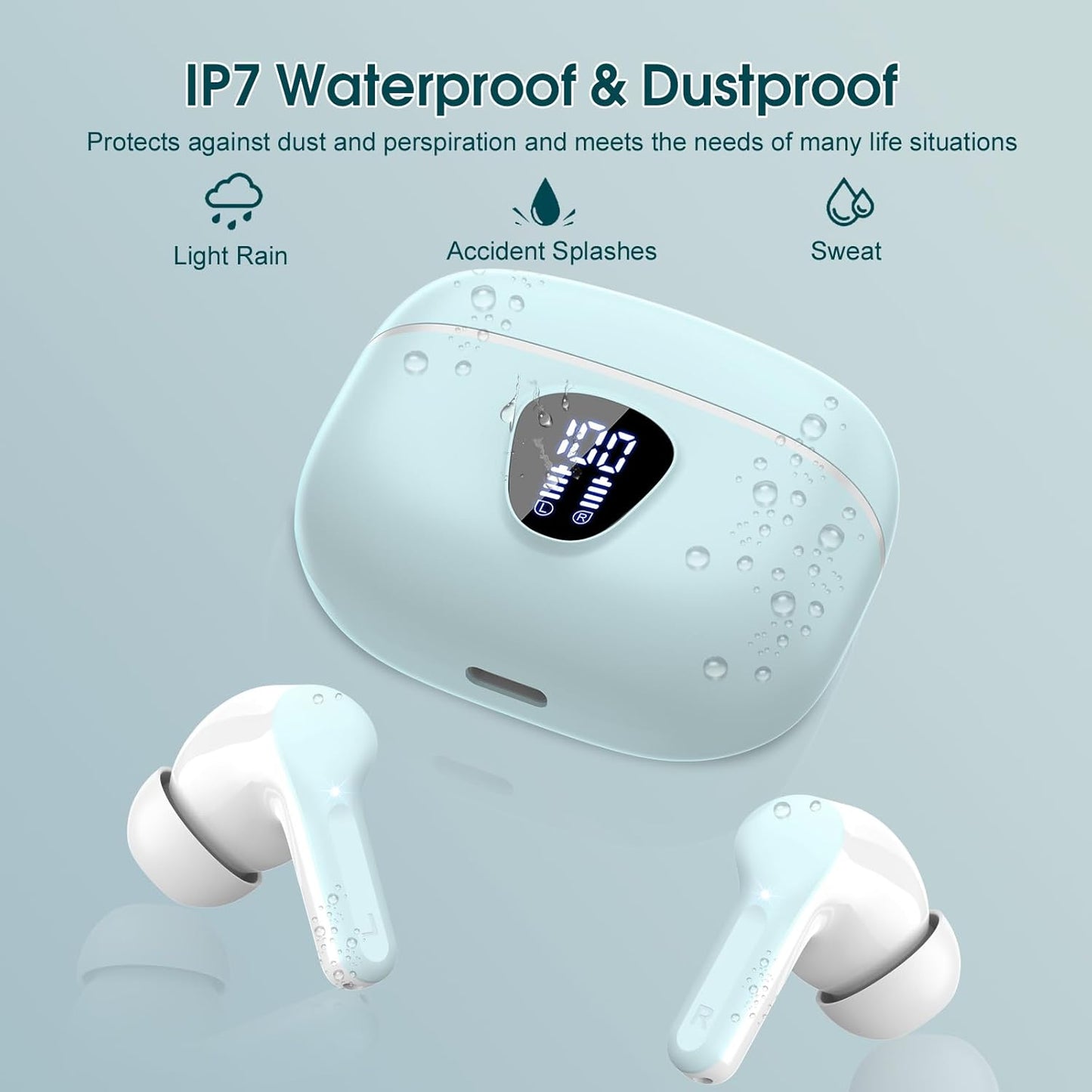 Wireless Earbuds, Bluetooth 5.4 Headphones HiFi Stereo, Bluetooth Earbuds with ENC Noise Cancelling Mic, IP7 Waterproof in Ear Earphones, 48H, LED Display Ear buds for Pad Workout Sports, Azure