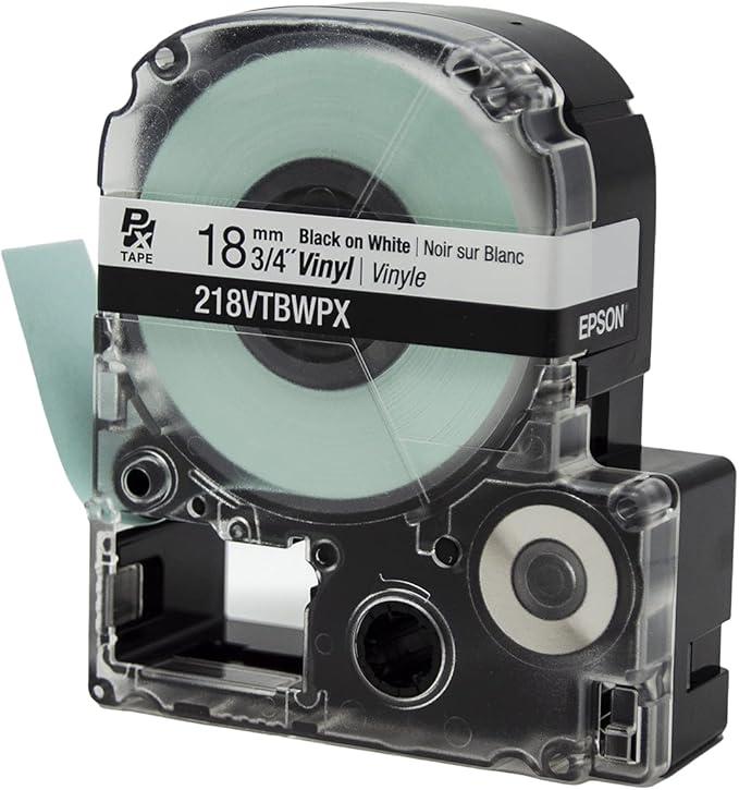 Epson LABELWORKS 218VTBWPX Genuine Tape Cartridge - Black on White Flexible and Durable Vinyl Industrial Label Maker Tape - 3/4" (18MM) Wide, 22.9 ft