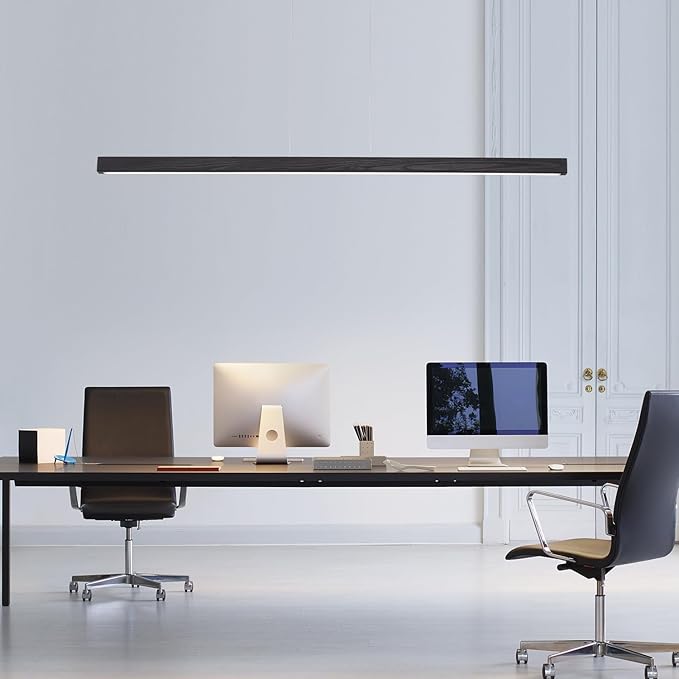 Black Wood Linear Pendant Light – Dimmable LED Chandelier with Remote, Modern Minimalist Lighting for Kitchen Islands, Dining Rooms & Pool Tables (Energy-Efficient 19W)