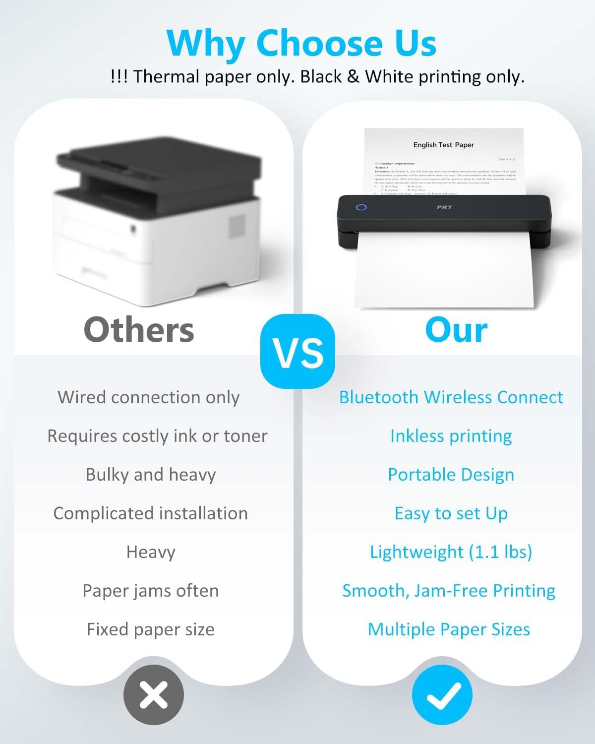 Inkless Portable Printer for Travel, Wireless Thermal Printer Support 8.5 x 11 Inch US Letter A4 B5, Bluetooth Mobile Printers with iOS, Android, Laptop for Home Use, Car, Office, School, Black