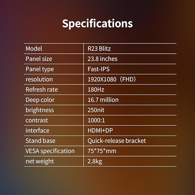 23.8-inch 180Hz Gaming Monitor,Full HD (1920 x 1080),100% sRGB Fast-IPS Panel Computer Monitor, VESA 75 * 75mm Compatible, 1000:1 Contrast Ratio, HDMI & DP & USB Ports (R23 Blitz)