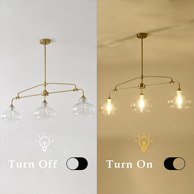 Industrial Modern 3 Light Chandelier Gold Rustic Linear Pendant Light Minimalist Country Luxury Chandeliers Adjustable Height with Glass Lampshade for Dining Room Island Living Room Foyer (3 Light)