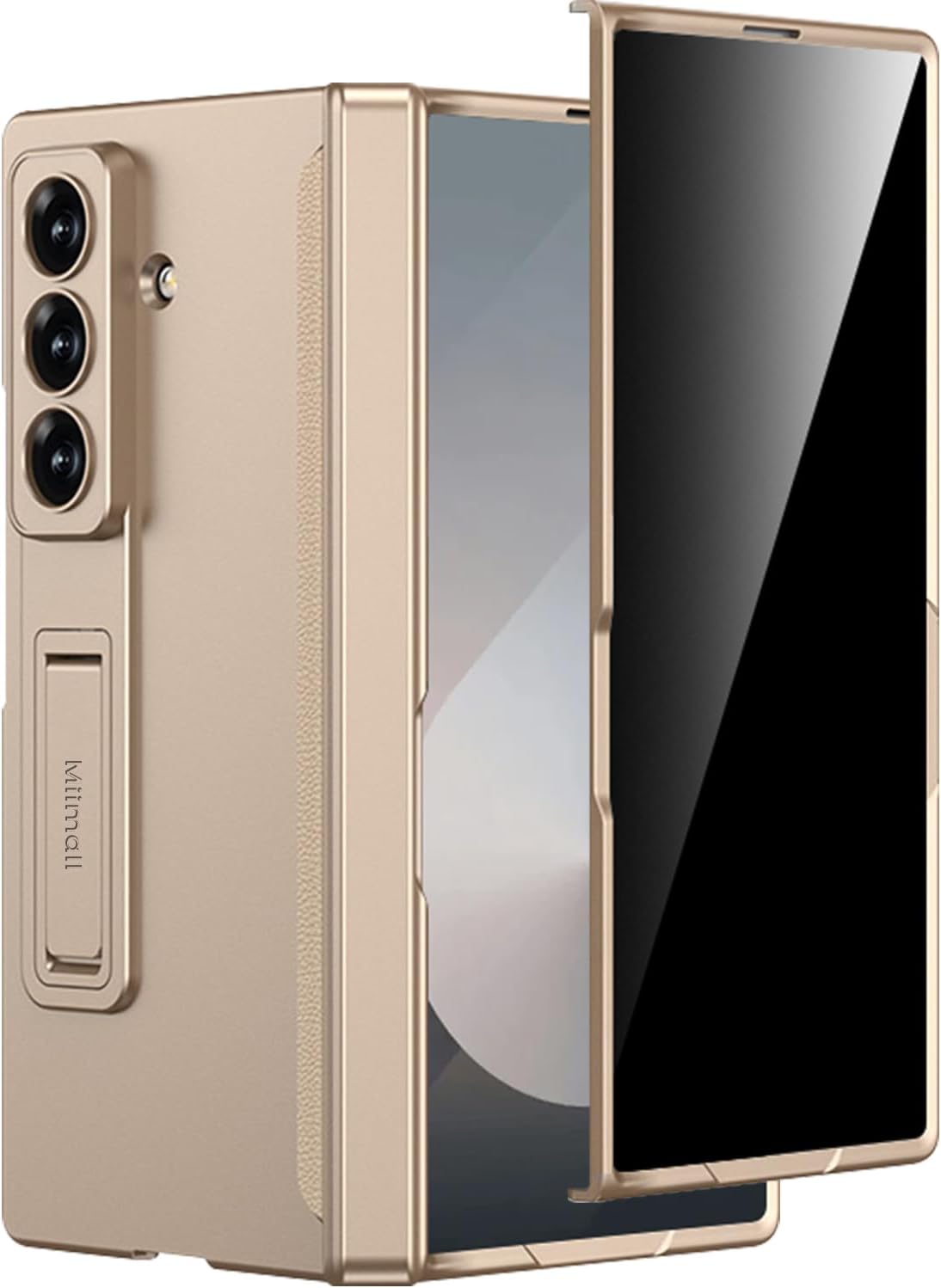Miimall for Samsung Galaxy Z Fold 7 Case with Privacy Screen Protector, Anti Spy Built-in Adjustable Kickstand Magnetic Hinge Protection Full-Body Protective Case for Galaxy Z Fold 7 Champagne Gold