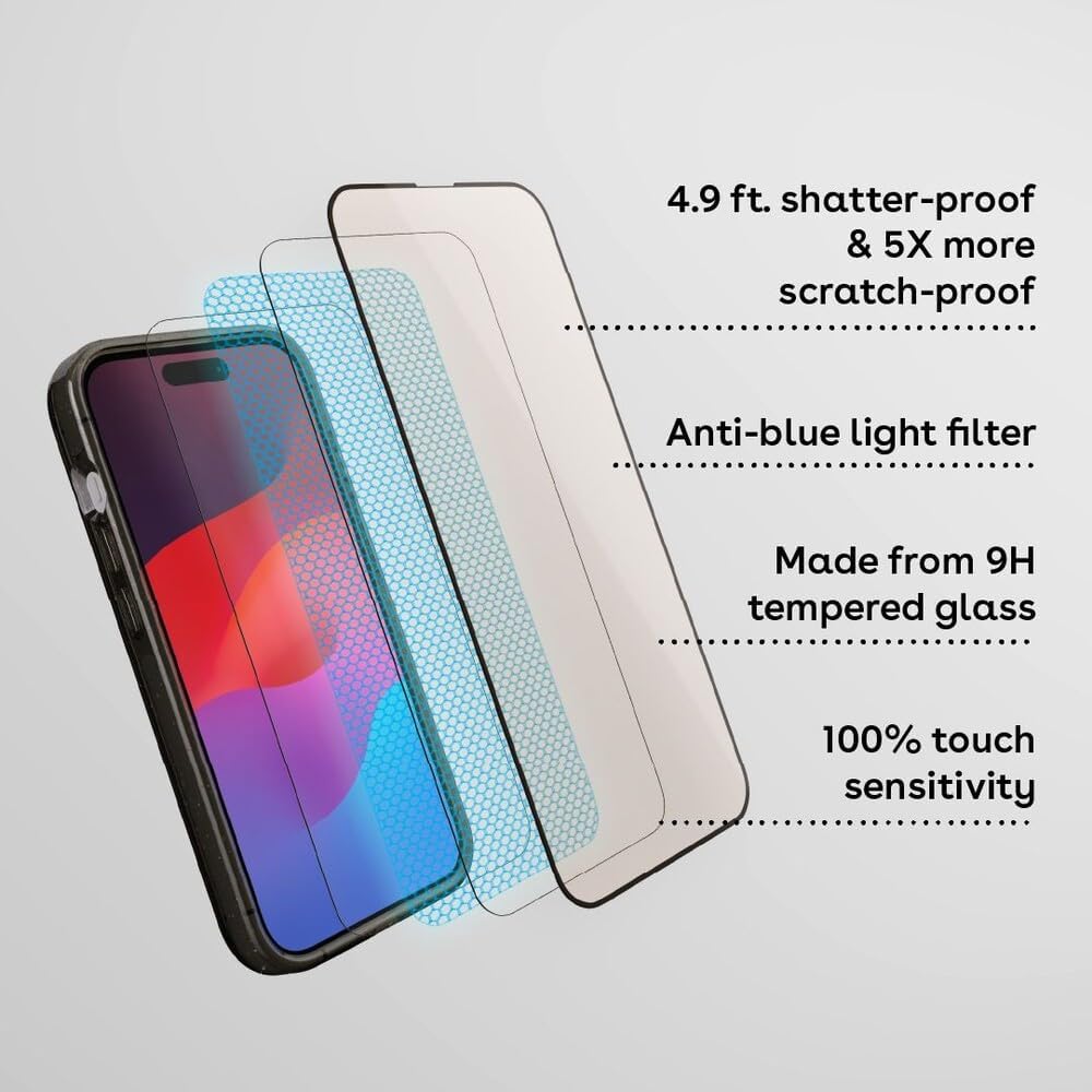 CASETiFY Impact Anti-Blue Light Screen Protector [Strengthened 9H aluminosilicate glass, applicator included] for iPhone 15
