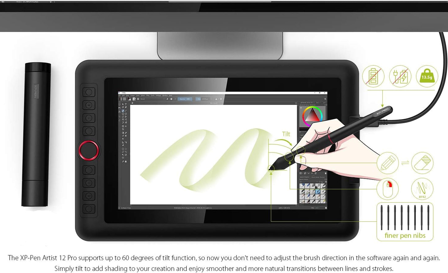 XPPen Artist12 Pro 11.6" Drawing Tablet with Screen Pen Display Full-Laminated Graphics Tablet with Tilt Function Battery-Free Stylus and 8 Shortcut Keys(8192 Levels Pen Pressure and 72% NTSC)