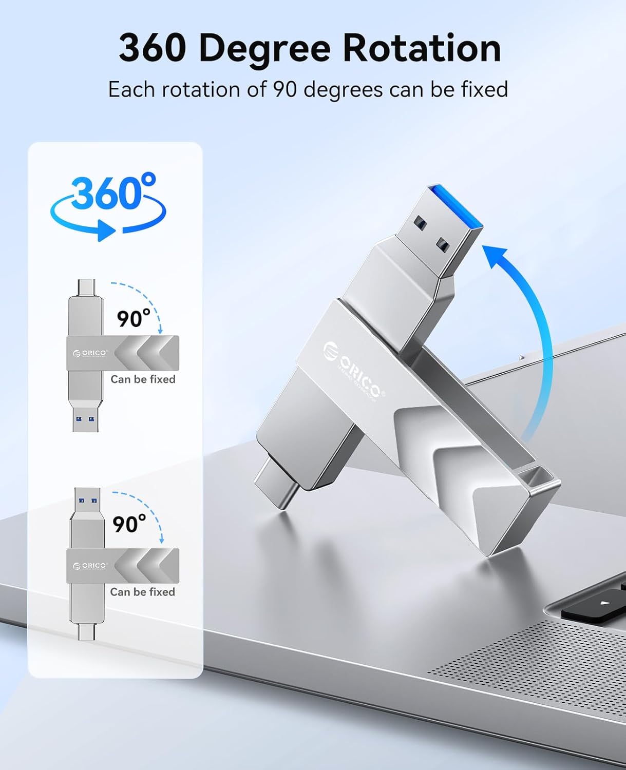 ORICO 2TB Portable Solid State Drive, 1050MB/s Dual-Port Rotating Metal External SSD with 90° Click-Stop, Reliable Storage for iPhone 16, 15 Series, Type-C Smartphone, Mac, Audio, Vehicle - A101