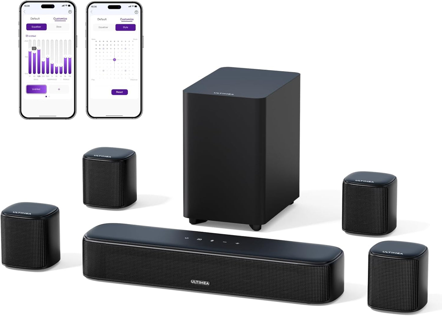 ULTIMEA 7.1ch Virtual Surround Sound Bar, Sound Bar for Smart TV with 4 Surround Speakers, Peak Power 330W, Surround Sound System for TV, App Control, TV Soundbar with Subwoofer, Opt/AUX/BT, Aura A40