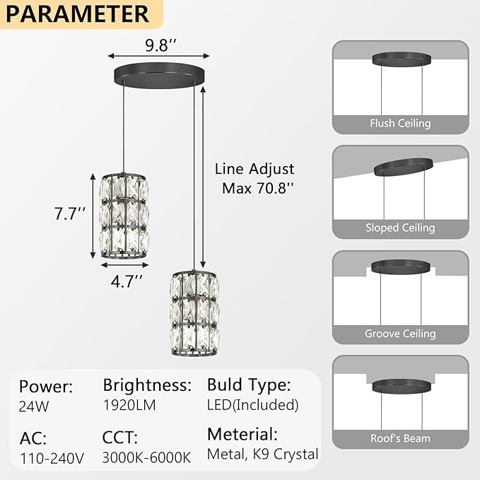 2-Lights Modern Crystal Pendant Lights for Kitchen Island LED Dimmable Glam Pendant Lighting Chandelier for Dining Room Hallway Corner Lamp Black