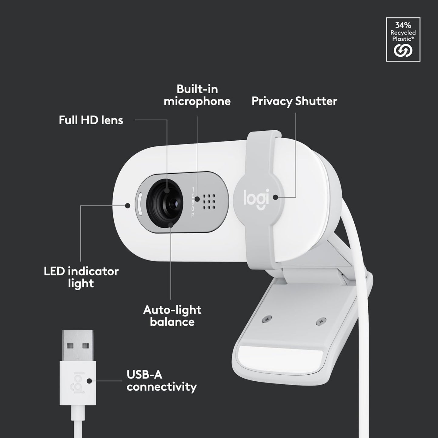 Logitech Brio 100 Full HD 1080p Webcam for Meetings, Streaming, Desktop, Laptop, PC - Built-in Mic, Shutter, USB-A, Teams, Zoom - Off-White