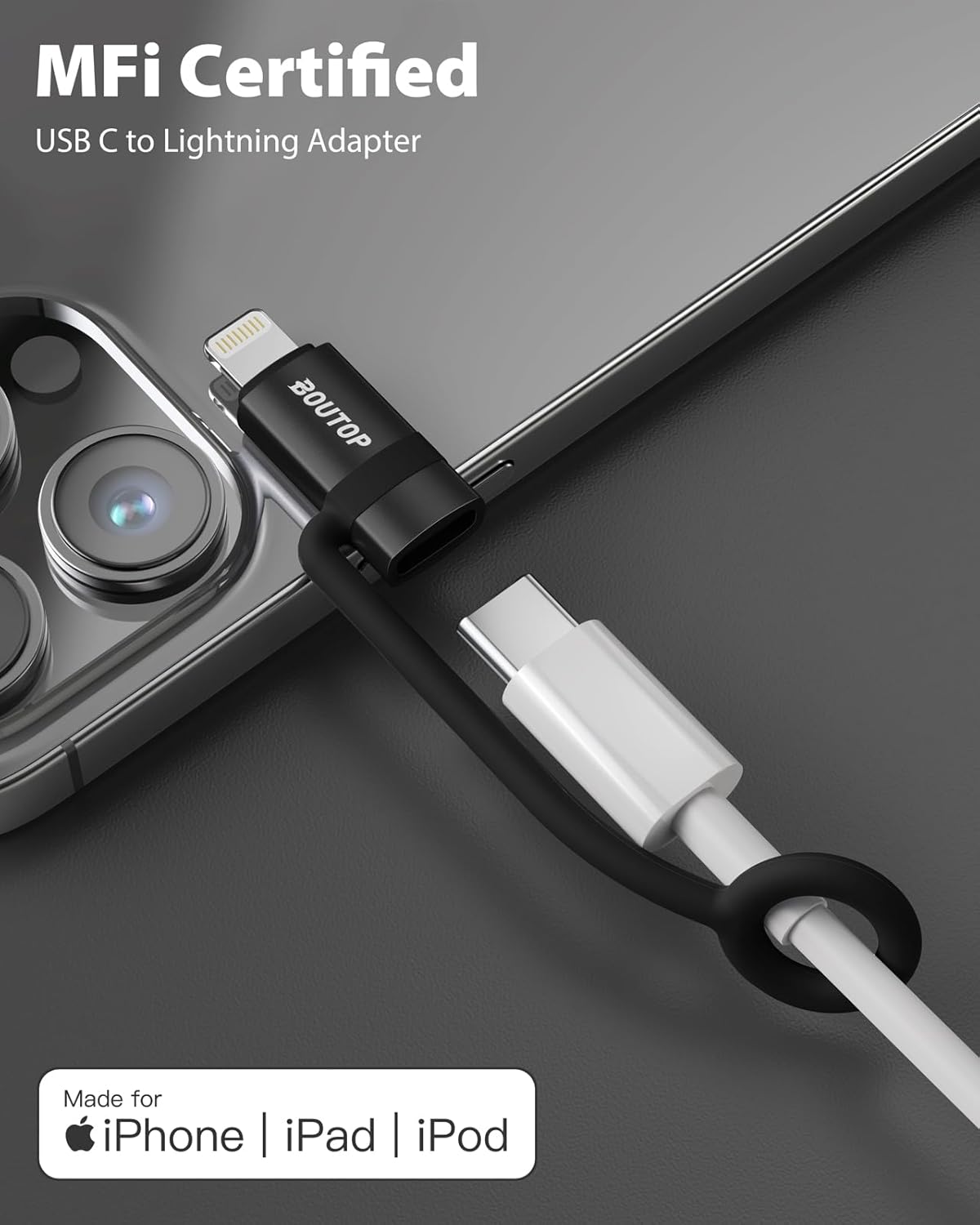 [MFi Certified] 36W USB C to Lightning Cable Adapter, Support Data Sync/PD Fast Charging Compatible with iPhone iPad AirPods, with Anti-Lost Holder - Black 3 Pack