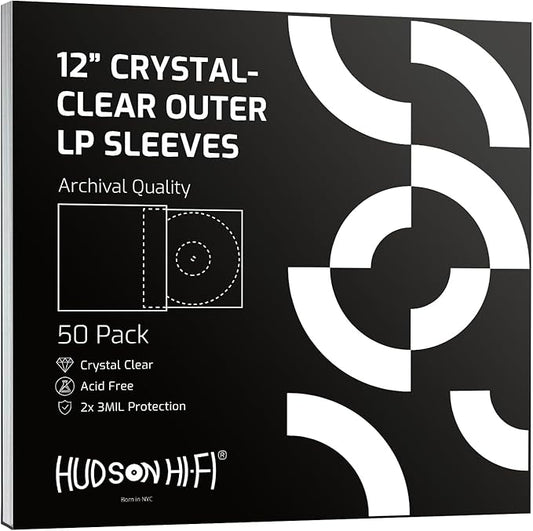 New - Hudson Hi-Fi Vinyl Record Outer Sleeve Covers - 50 Pack - Premium Crystal Clear Sleeves - Protect Your LP Albums from Scratches, Dirt & Dust - 3 Layers of 30µm Thick No-Acid Exterior Disc Cover