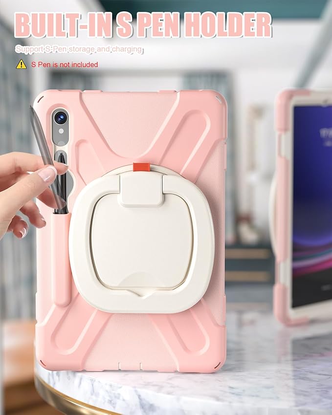 BRAECN Case for Samsung Galaxy Tab S10 Lite/S10 FE 2025 & S9 FE/S9 2023 & S8/S7 10.9"/11" | Heavy Duty Silicone Cover with Handle Grip, Kickstand, Shoulder Strap & S Pen Holder, Sakura Pink