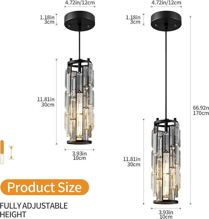 LMQNINE Modern Crystal Pendant Light for Kitchen Island, Adjustable Black Mini Pendant Lighting Fixture with K9 Crystal, E27 Base, Modern Hanging Light for Bedroom Dining Room Bar, 1-Pack