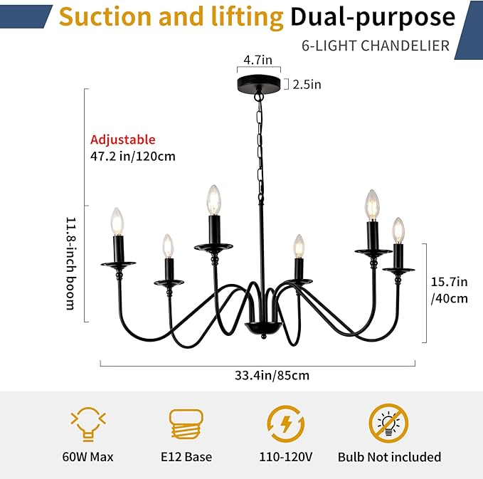 Black Farmhouse Chandeliers, 6 Light S-Arm Modern Candle Hanging Pendant Light, Industrial Rustic Metal Ceiling Kitchen Island Light for Living Room, Entryway, Foyer, Bedroom, Dining Room