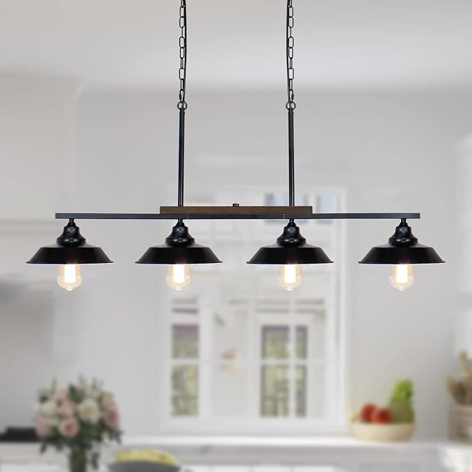 Kitchen Island Light, 4 Lights Black Pendant Dining Room Light Fixture Farmhouse Chandeliers for Dining Room Over Table Metal Hanging Lamp for Kitchen Island Hallway Pool Table